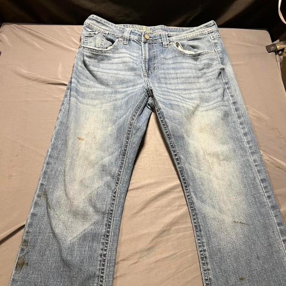 TK Axel Mens Light Wash Blue‎ Denim Jeans 34x32 Flap Pocket Distressed